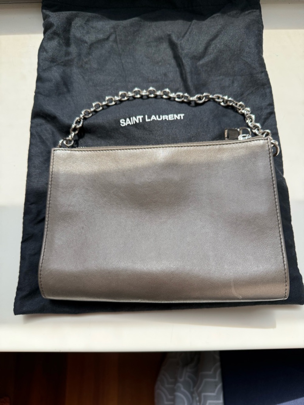 Saint Laurent Taupe Leather Chain Shoulder Bag with Embossed Knot YSL - Picture 3 of 8